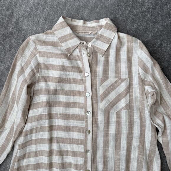 Soft Surroundings Shirt Womens Small Tan White Stripe Linen Blend 3/4 Sleeve - Picture 2 of 11